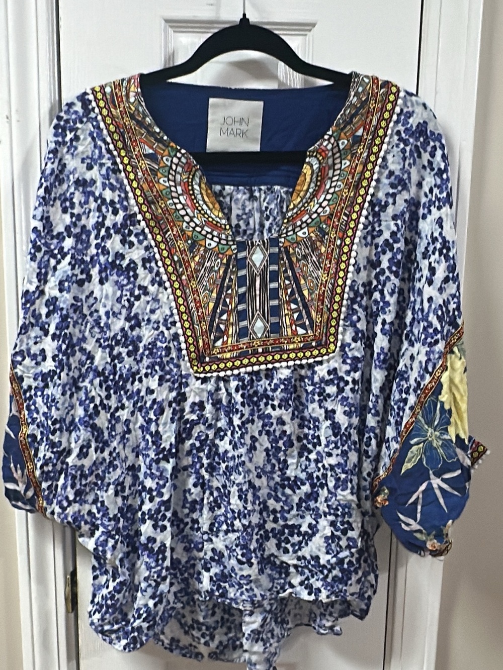 John Mark Blue and White Floral Embroidered Boho top (mix33)